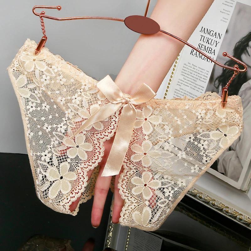 Sexy Underwear For Woman Lace Open Crotch Transparent G-Strings Thongs Low Waist Bow Female Tanga Hollow Briefs Lingerie