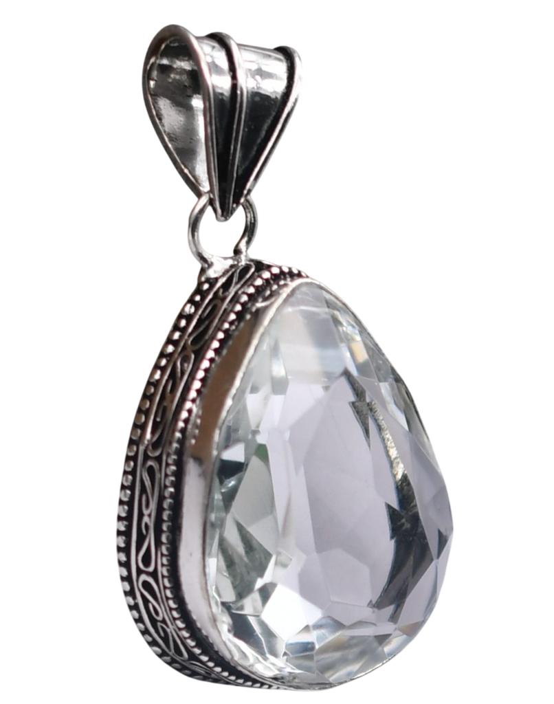 White Topaz Hydro Gemstone Antique Silver Plated Pendant 2" J 2086