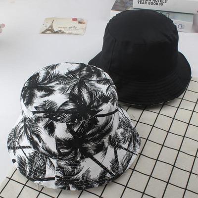 Cotton Summer Fisherman Sun Hat Unisex Double-sided Printing  Black Coconut Tree Outdoor Beach Travel Sunshade Hiking Hat