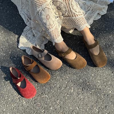 Retro Miękka Skóra Bydlęca Klamra Paska Płytkie Płaskie Uniwersalne Okrągłe Toe Miękka Podeszwa Damskie Buty