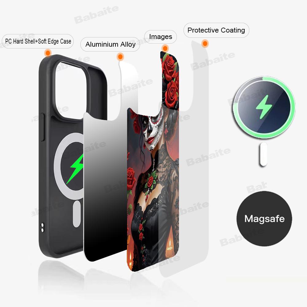 Catrina Beautiful Rose Girl Skull Phone Magnetic Case For IPhone 16 14 13 12 11 15 ProMax Plus For Magsafe Wireless Charge Cover