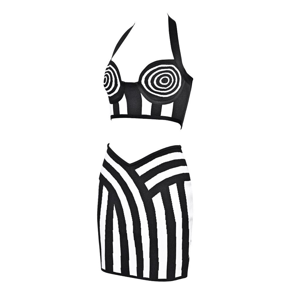 European and American Jacquard Color-Block Bandage Halter Crop Top & Hip-Hugging Skirt Two-Piece Set for Women