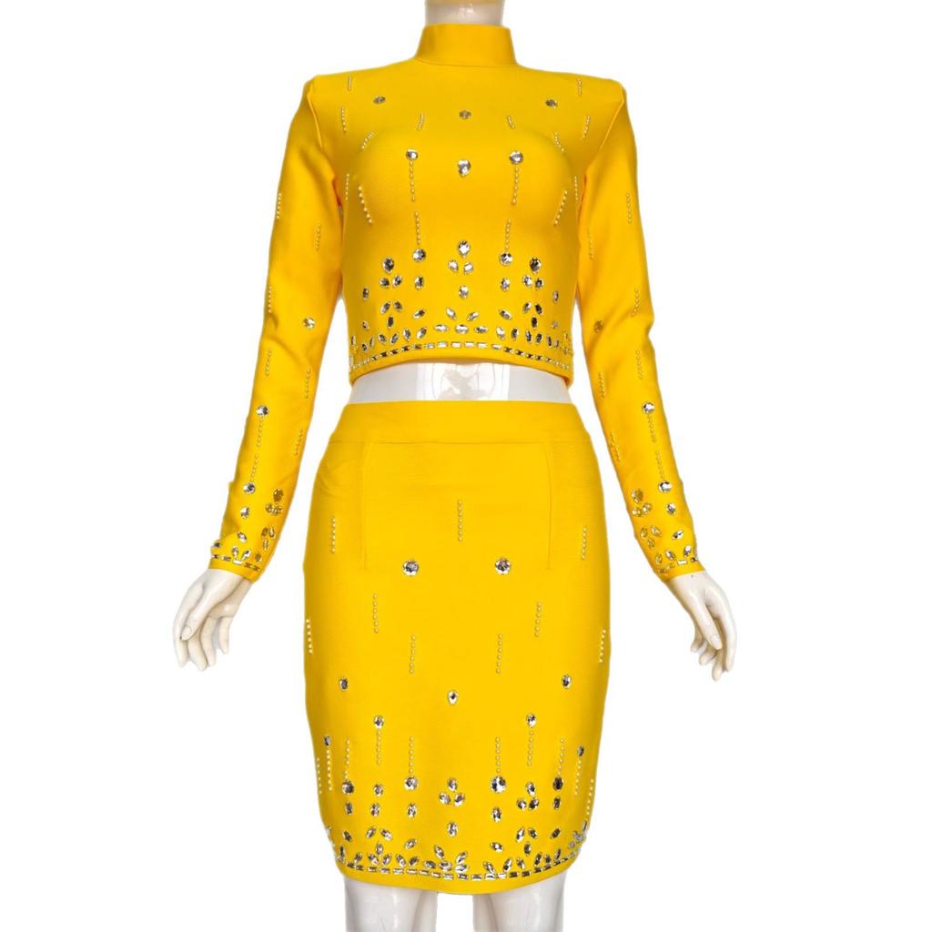 Chic French Socialite Rhinestone Bandage Top & Hip-Hugging Midi Mini Skirt Set