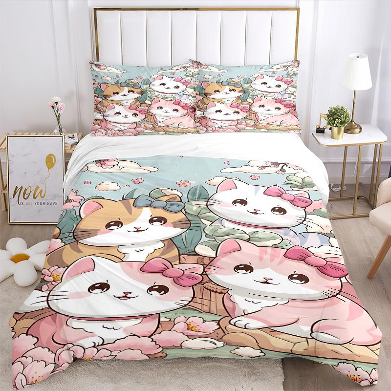 3pcs Cartoon Cute Four Kittens Printed Duvet Cover Set (1 * Cover+2 * Pillowcase, Without Core), Suitable for Home Bedroom, Guest Room, Dormitory