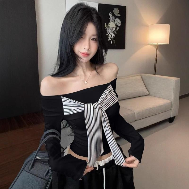 

Retro Sweet & Spicy Striped One-Shoulder Patchwork Open Back Slimming Top Large чорний