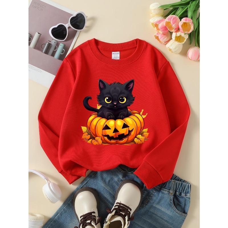 Kids Long‑Sleeve Crewneck Sweatshirt, Black Cat Pumpkin Halloween Print,Daily Casual Top for Spring & Autumn