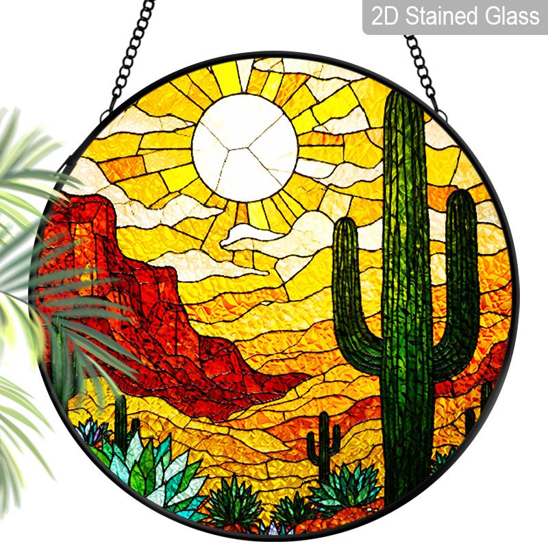 1pc 2D Flat Cactus Stained Glass Suncatcher, 6.3/7.87 Inch Desert Cactus Stained Glass Suncatcher, Southwestern Window Hanging Decor, Sunset Desert