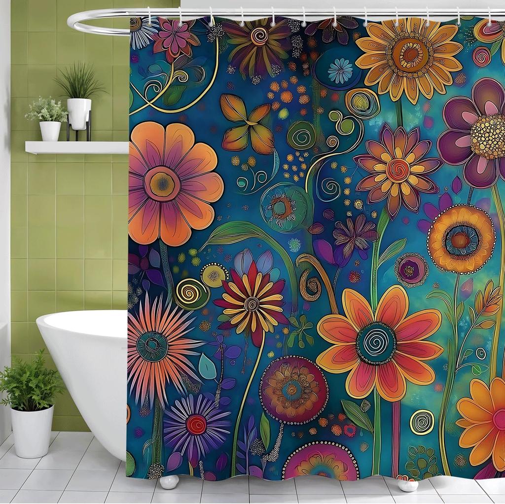 Flowers Butterflies Shower Curtain with Hooks Bathroom Curtain Decor Shower Curtain Waterproof Machine Washable