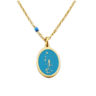 [R0199] - Golden Blue 'Virgin Mary' Steel Designer Necklace - 15x10 Mm