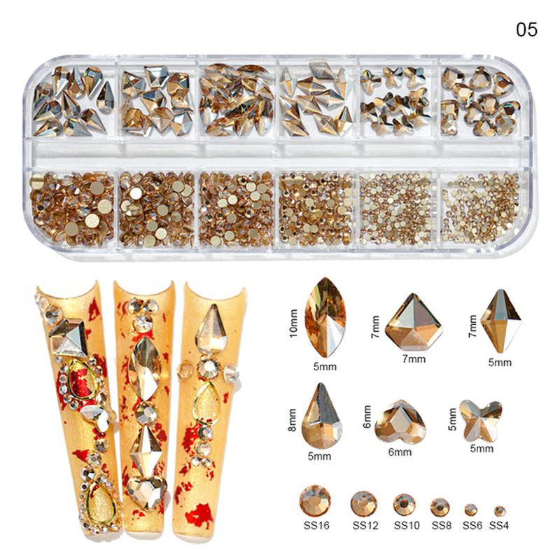 12Gird Box Multi Size AB/Colorful Hotfix Rhinestones Flatback Crystal Diamond Gems 3D Glitter Nail Art Luxurious Decorations