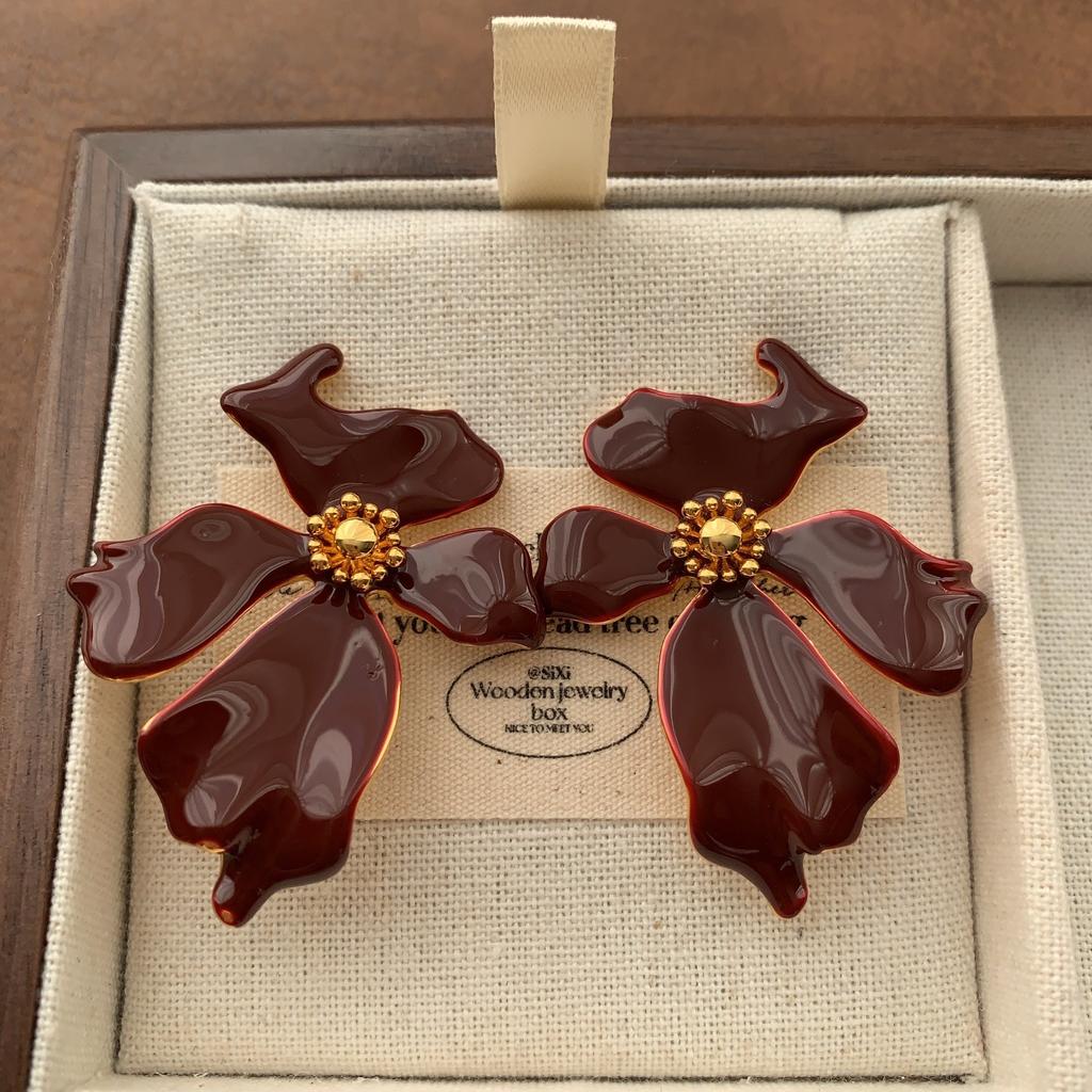 Burgundy Enamel Flower Ring Earrings Earrings Women'S Fashion Personality Temperament Advanced Sense Light Luxury Exquisite Autumn And Winter Earrings