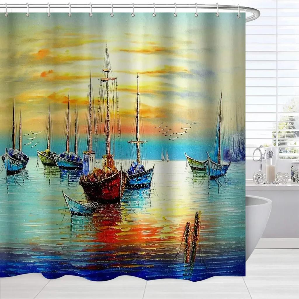 Norse Vikings Ship Shower Curtain Fantasy Boat Art Black and White Color Sailing Dragon Ship Curtain for Bathroom with Hooks