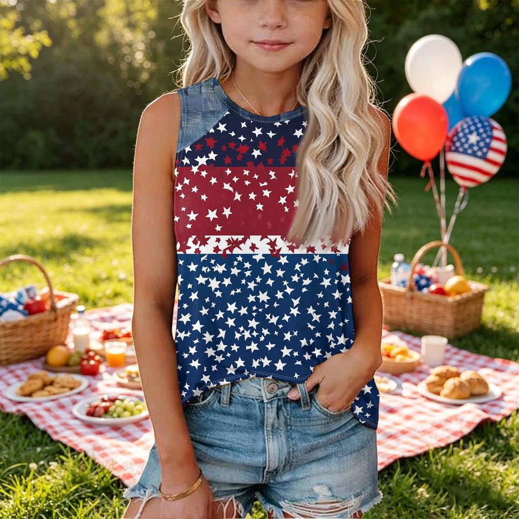 Sleeveless Loose Fit Tank Top for Women Floral Print Round Neck Casual Summer Blouse Denim Patchwork Detail Comfortable Fit