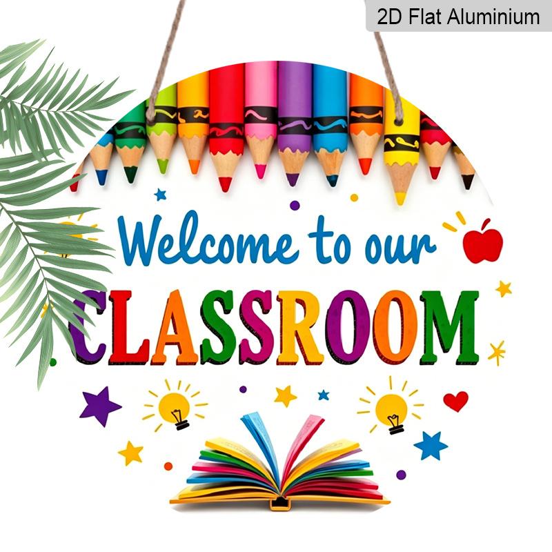 2D Plat Hangend Ornament, 1 stuks Yanlin Welkom op Onze Klaslokaaldeur - Kleurrijke Kleurpotlood En Schooldecoratie, Met Letters, Sterren En Licht