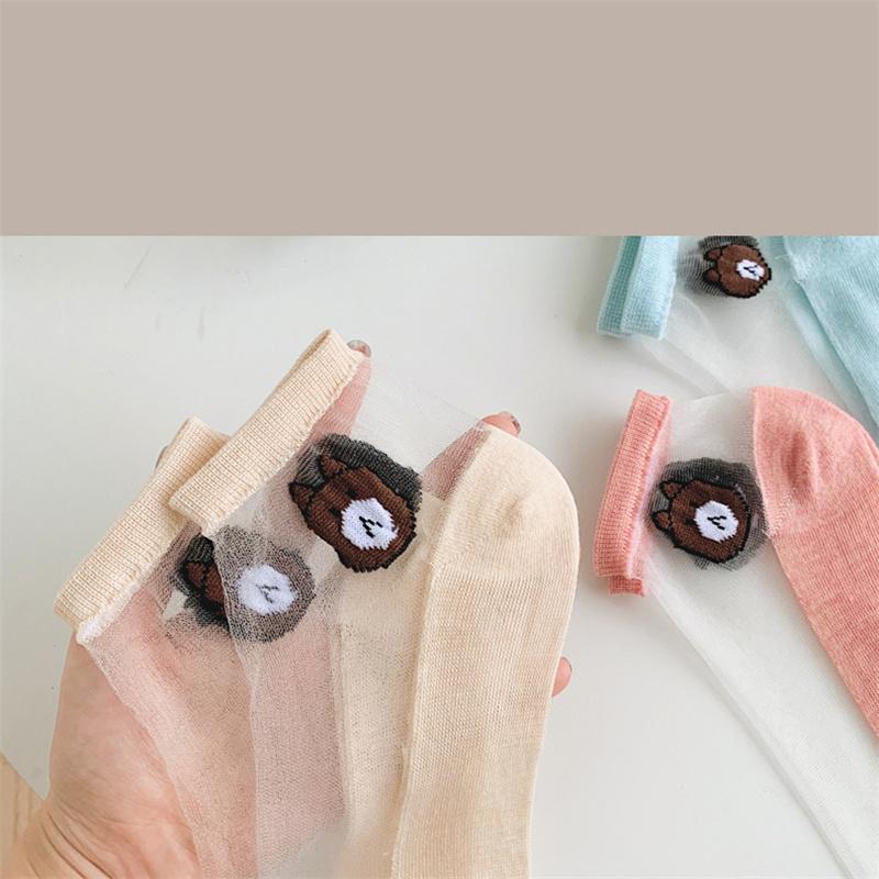 5pais Women Girl Summer Thin Cartoon Bear Female Crystal Silk Socks Transparentsocks Lace Breathable Non-slip Glass Silk Socks