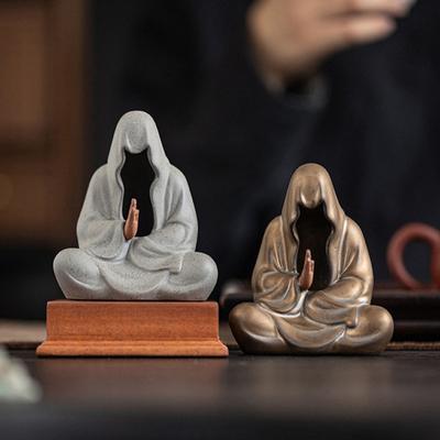 Sitting Buddha Statue Tea Pet Ceramic Faceless Zen Figurine Handmade Kung Fu