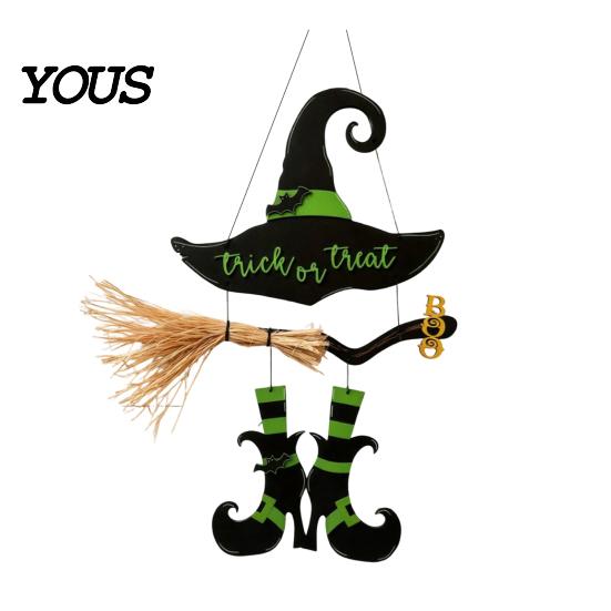 Witch Hat Wall Decor Halloween Boot Sign, Hanging Trick or Treat Decoration Entrance for Home Room, Wooden Front Door Hanger Holiday