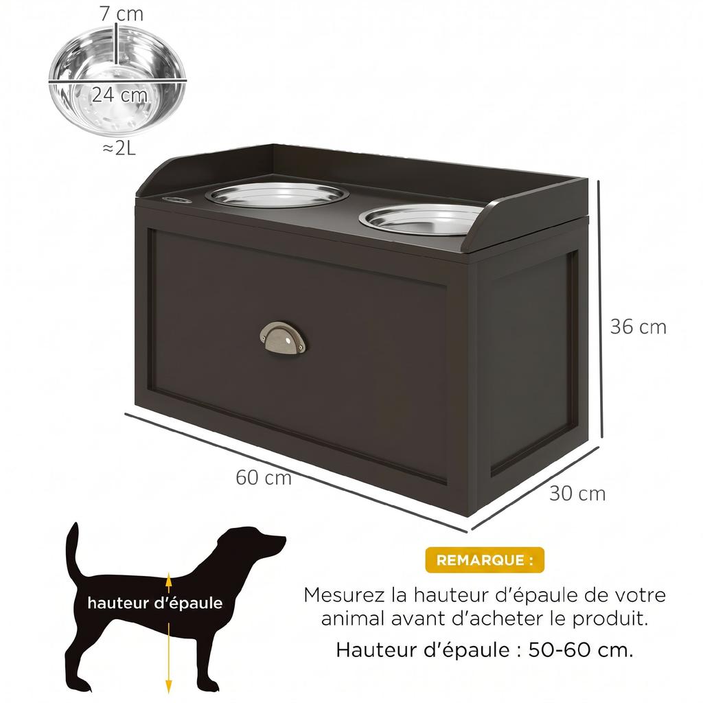 Elevated Dog Bowls, 2-in-1 Bowl Holder Storage, Drawer, 2 Bowls, 60 x 30 x 36 cm, Coffee Brown