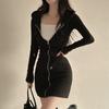 South Korea Chic Autumn French Pure Desire Sle Zip-up Double Pocket Slim Fit Slimming Long Sleeve Hoodie Dress Women