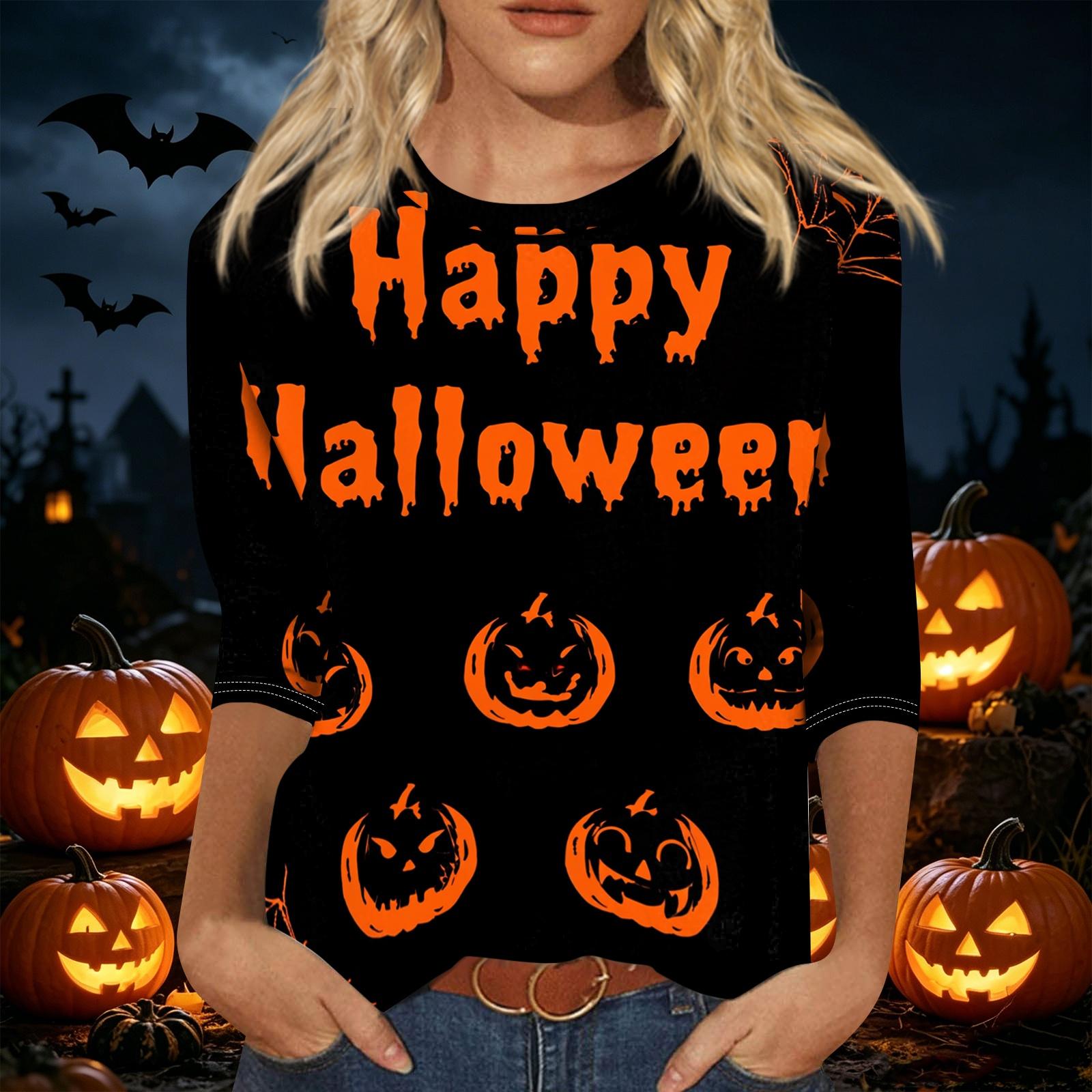 Women s Halloween Printed Three-Quarter Sleeve Round Neck Loose Fit Casual Shirt L