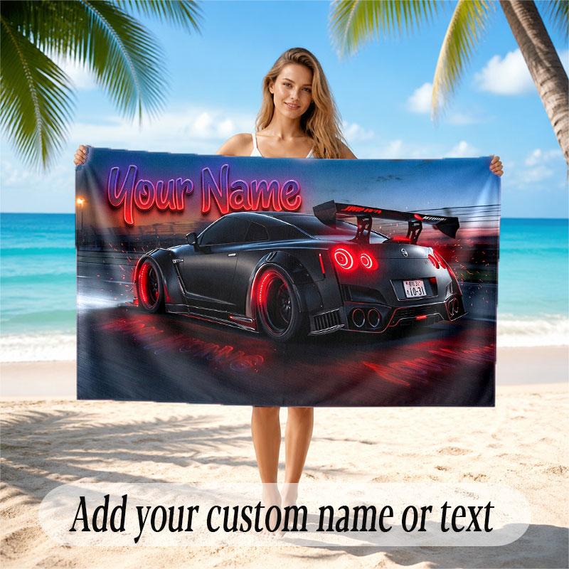 Car Racing Theme Beach Towel Personalized Custom Name & Text Soft Quick Dry Beach Towel for Swimming Travel