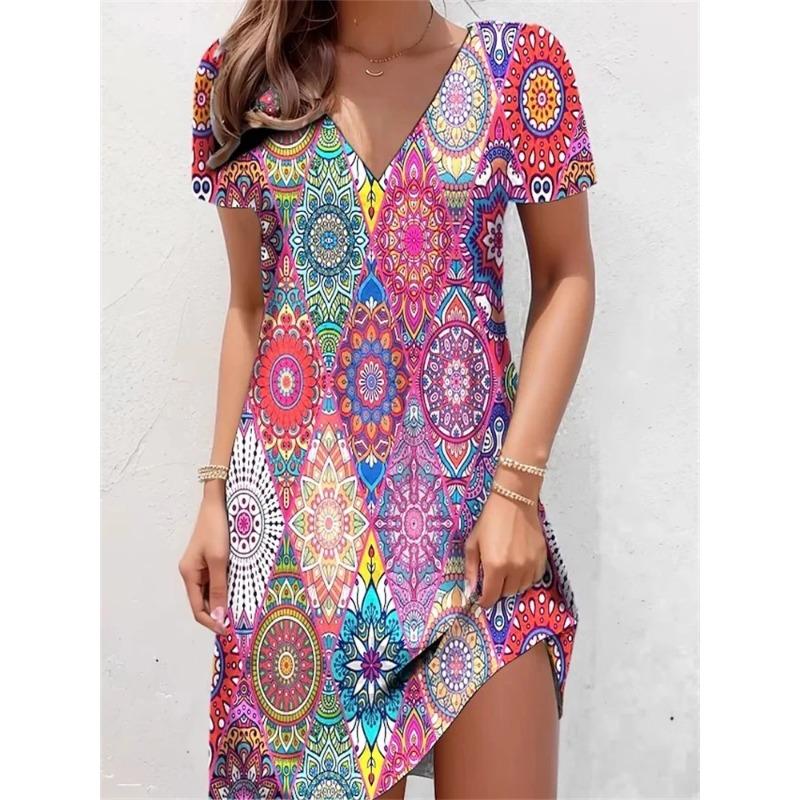 Retro Women Dresses Ethnic Style Floral Print Loose Midi Dress Plus Size Casual Short Sleeve Pullover V-Neck Dress Sundress
