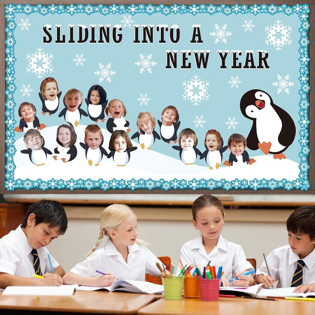 70PCS Winter Penguin Snowflakes Cutouts Kit DIY Photo Sliding INTO A New Year Bulletin Board Set for School Holidays Classroom Decor