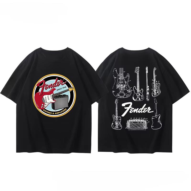 Summer Men T-Shirt Fender Electric Guitar Band Short Sleeved Boys and Girls Summer Guitarist Costumes Around Printed T-shirt