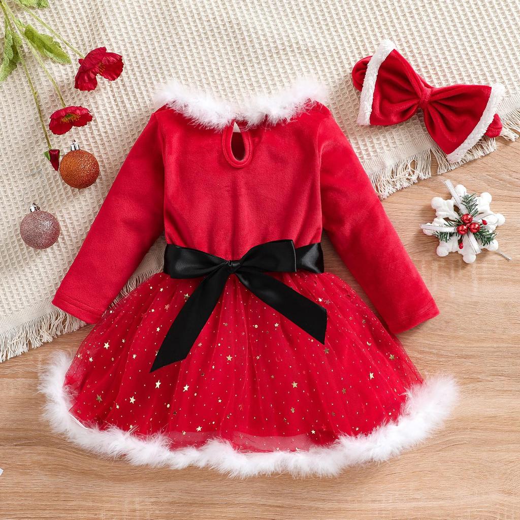 European & American Christmas Princess Dress - Santa Costume Gown Set for Girls with Waistband & Headpiece.