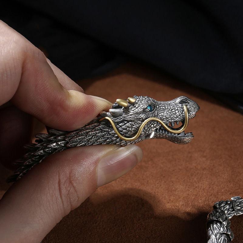 Collector's Grade Handmade Retro Thai Silver Dragon Head Bracelet - High-End Ethnic Fashion Jewelry