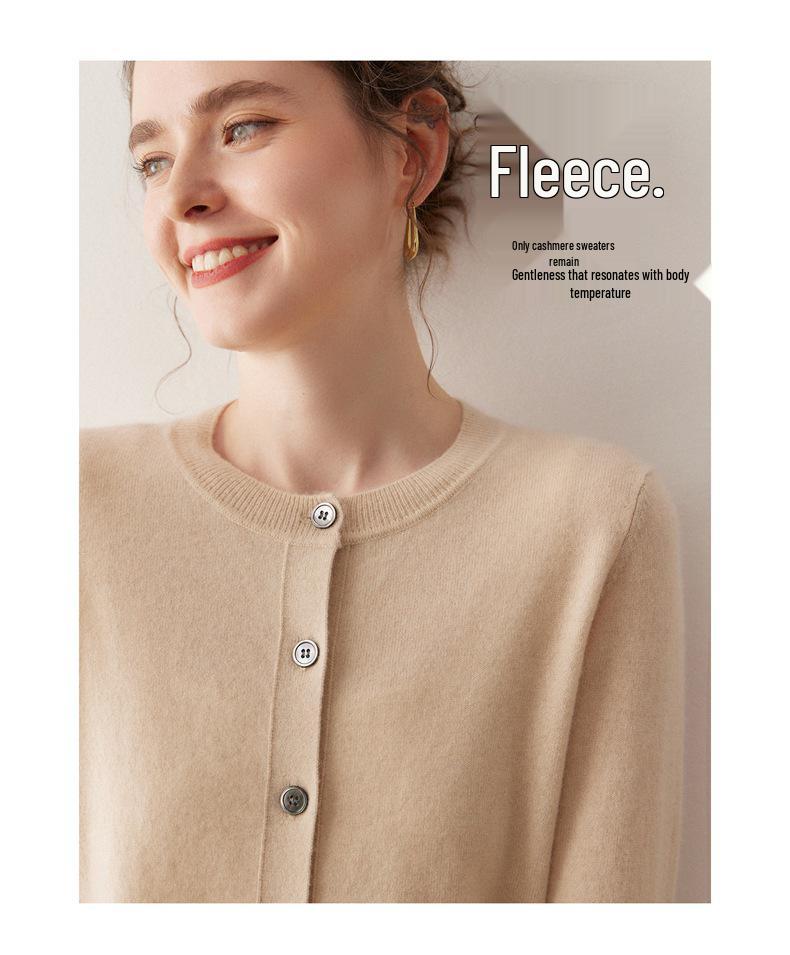 Women's 100% Pure Cashmere Round Neck Cardigan - Single-Breasted, Short Loose Knit Sweater