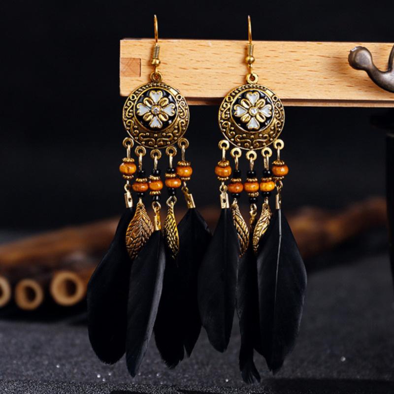Bohemian Vintage Zircon For Women 2024 Trendy Carved Leaf Feather Tassel Long Earrings