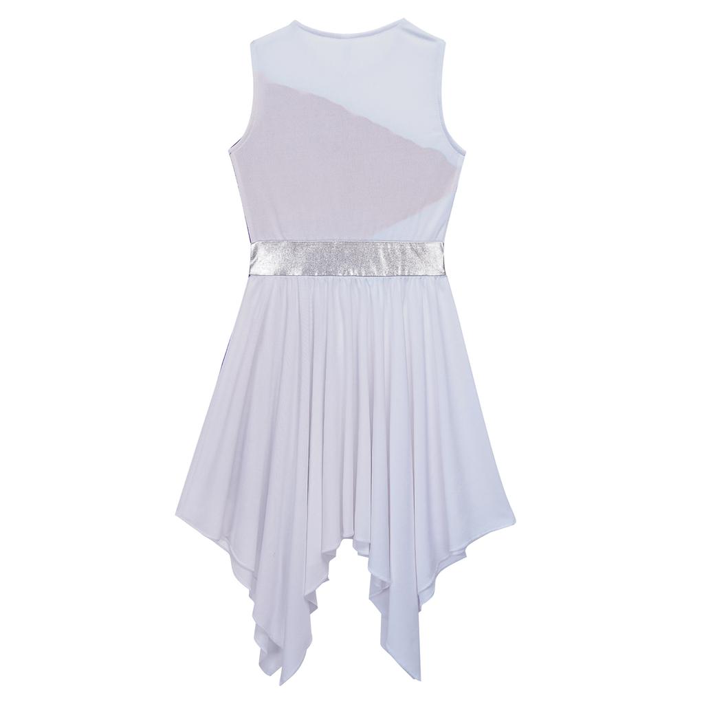 Kids Girls Sleeveless Lyrical Dance Costumes Contrast Color Asymmetrical Figure Skating Ballet Dress