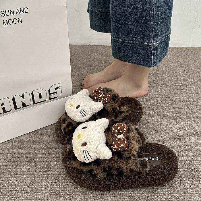Fashion Sweet Girl Fluffy Slippers Women's Shoes 2025 Autumn and Winter New Outer Wear Casual Cotton Slippers