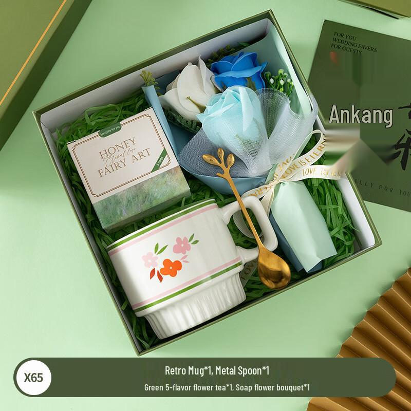 Ceramic Mug Gift Set with Flower Tea and Soap Bouquet