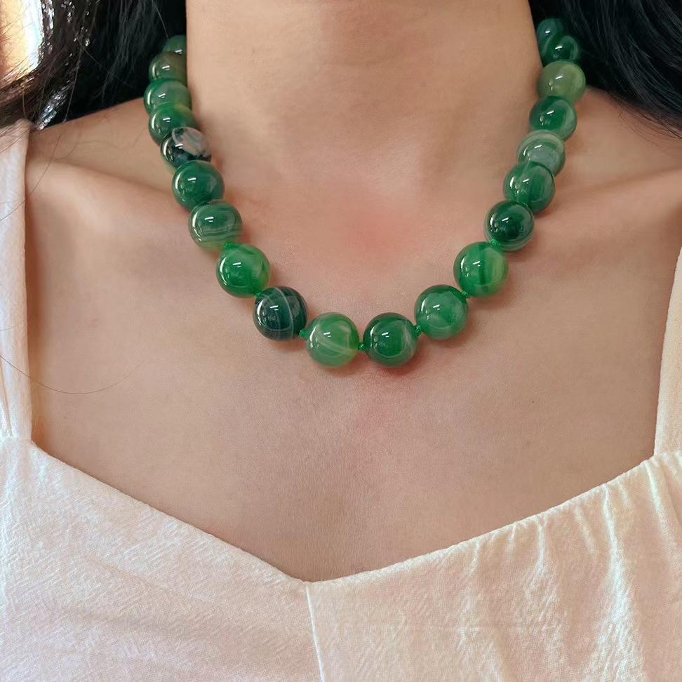 

National Style Jadeite Color Large Particles 14Mm Natural Green Chalcedony Agate Necklace Women S Atmosphere Basic Beads