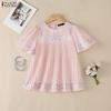 ZANZEA Women Casual Round Neck Floral Print Loose Short Sleeve Pleated Blouse