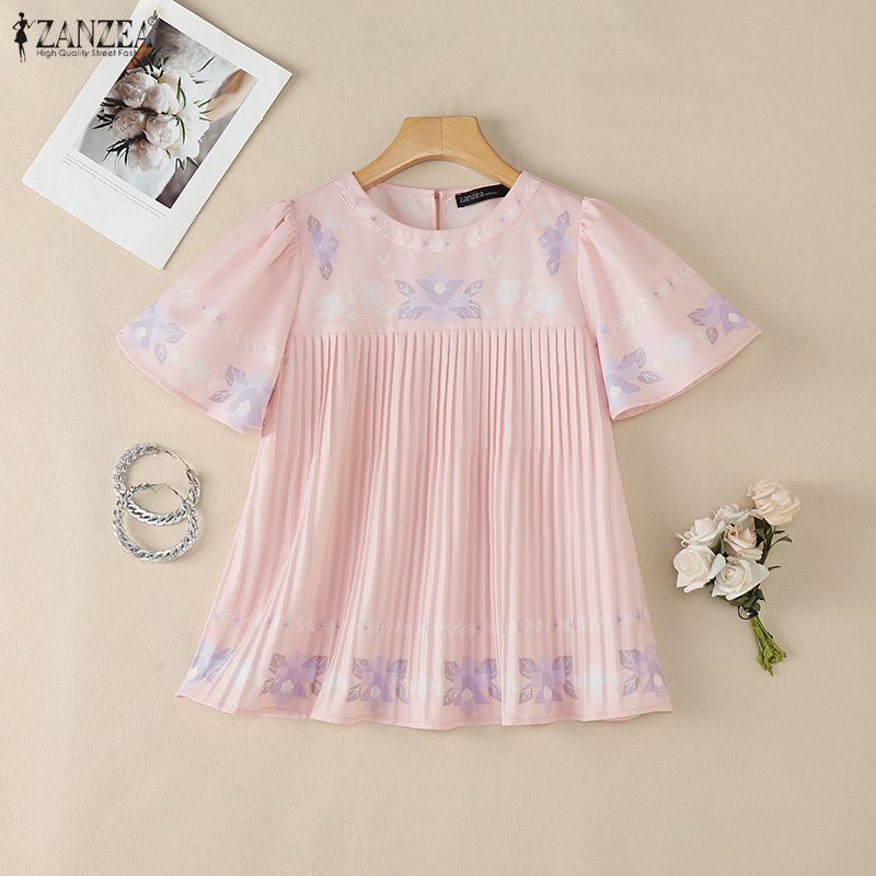 ZANZEA Women Casual Round Neck Floral Print Loose Short Sleeve Pleated Blouse