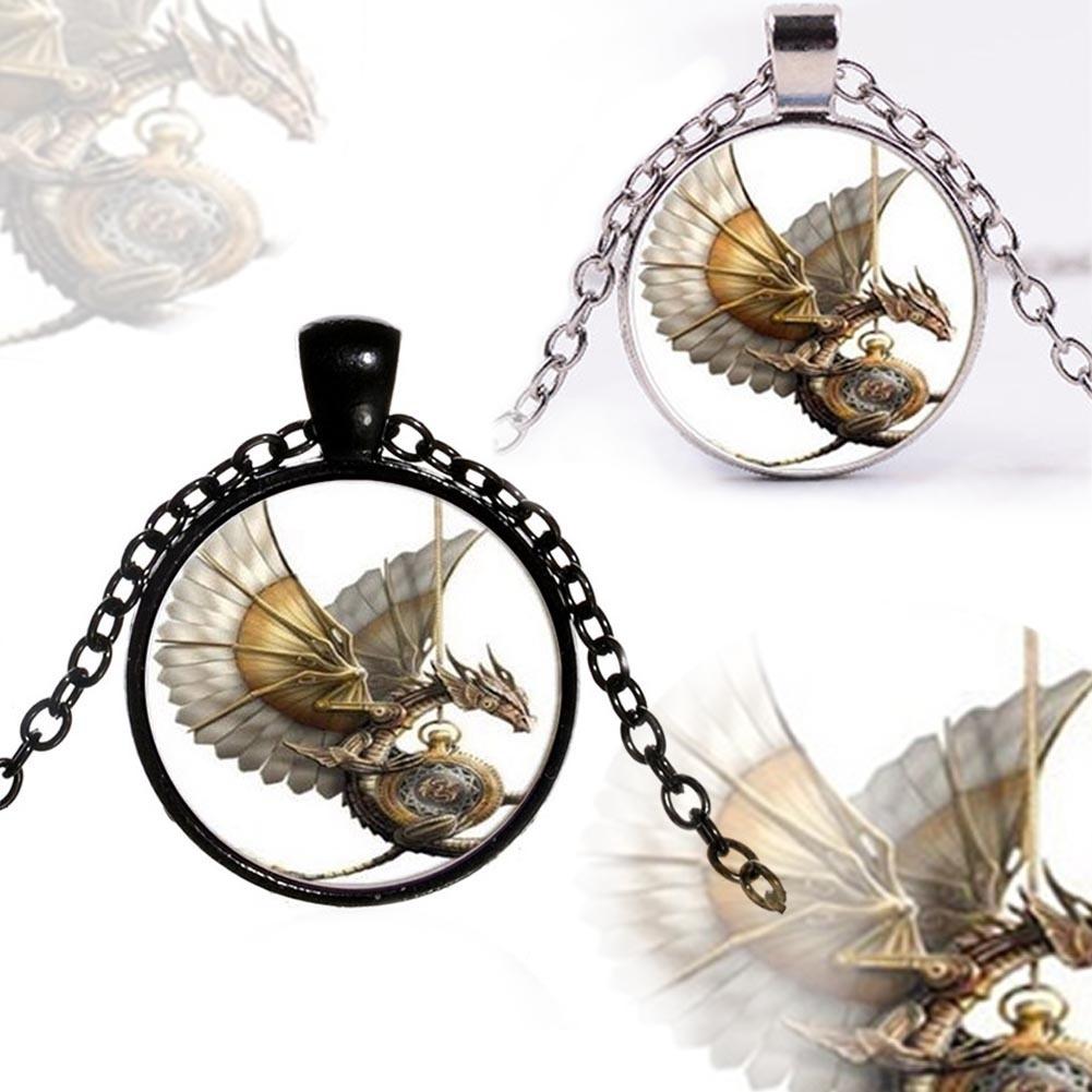 Vintage Steampunk Dragon Po Cabochon Glass Bronze Pendant Necklace