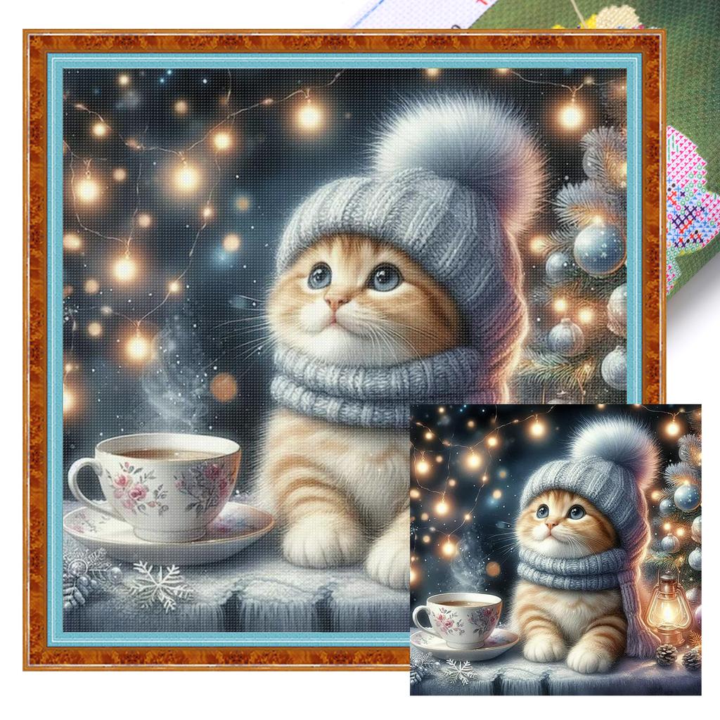 Cat Full 11CT DIY Stamped Cross Stitch Kits 15.75x15.75in Printed Cross-Stitch Kits for Beginners Adults Home Decor
