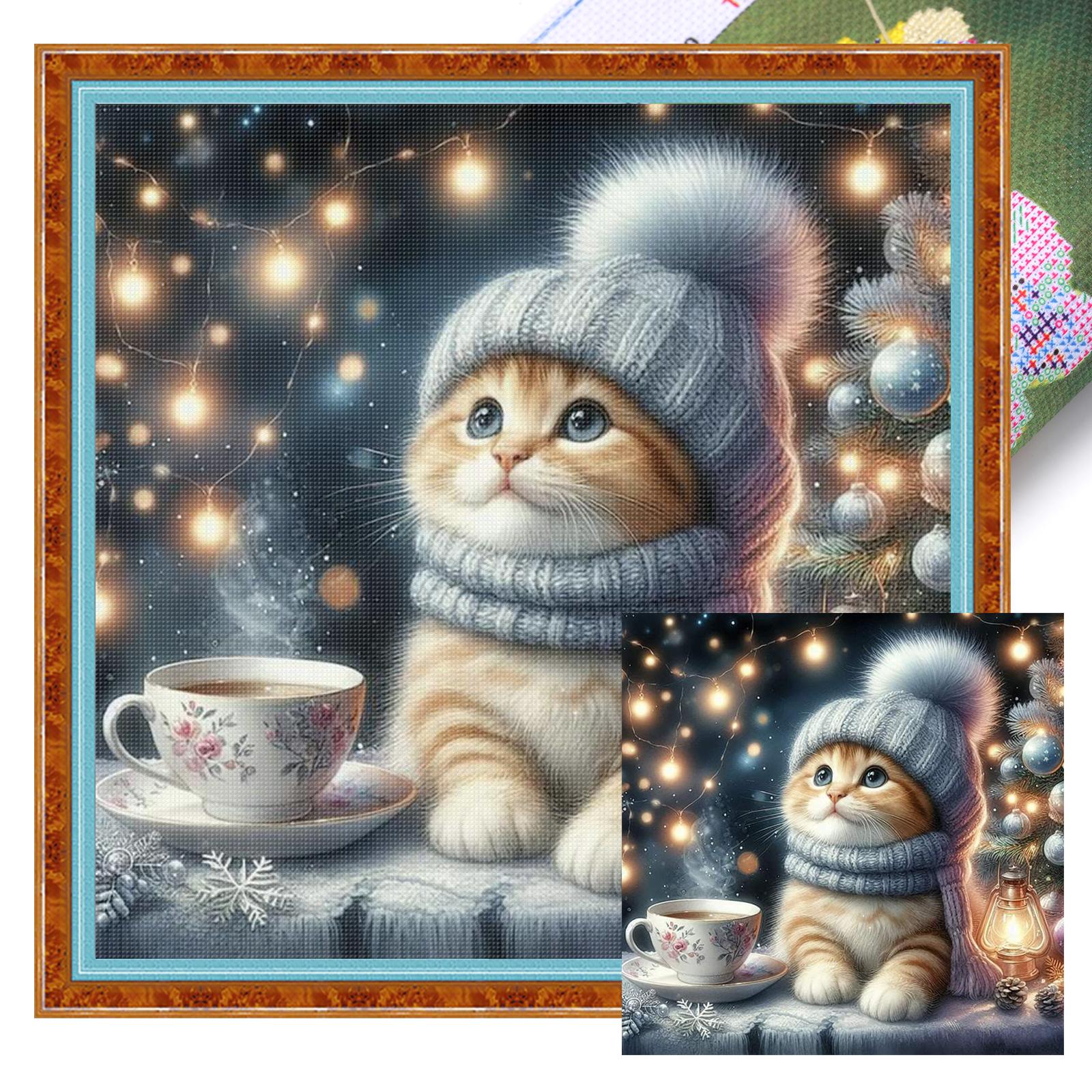 

Cat Full 11CT DIY Stamped Cross Stitch Kits 40x40cm Embroidery Needlepoint Starter Kits for Beginners Adults Home Decor