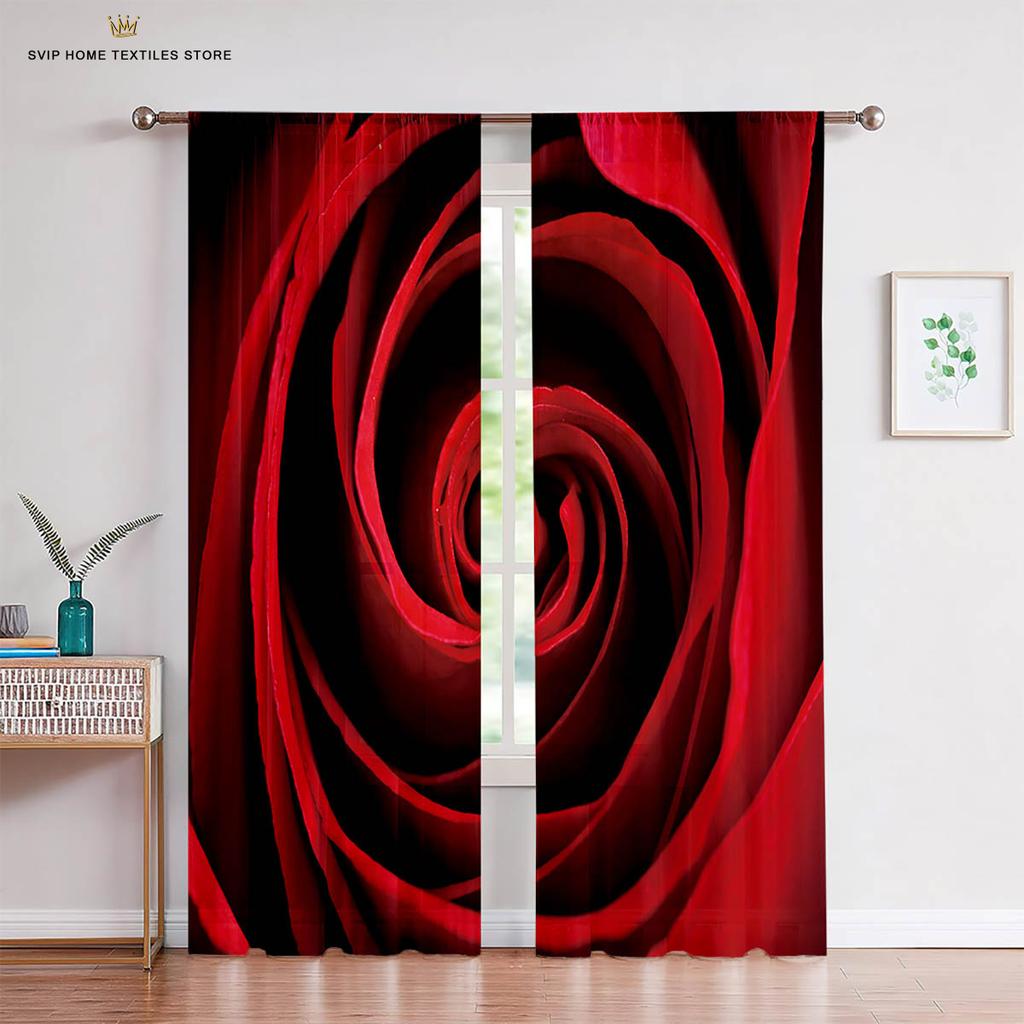 Red Rose Retro Romantic Print Curtains, Living Room, Bedroom, Kitchen, Window Decoration, Home Decoration, 2 Pcs