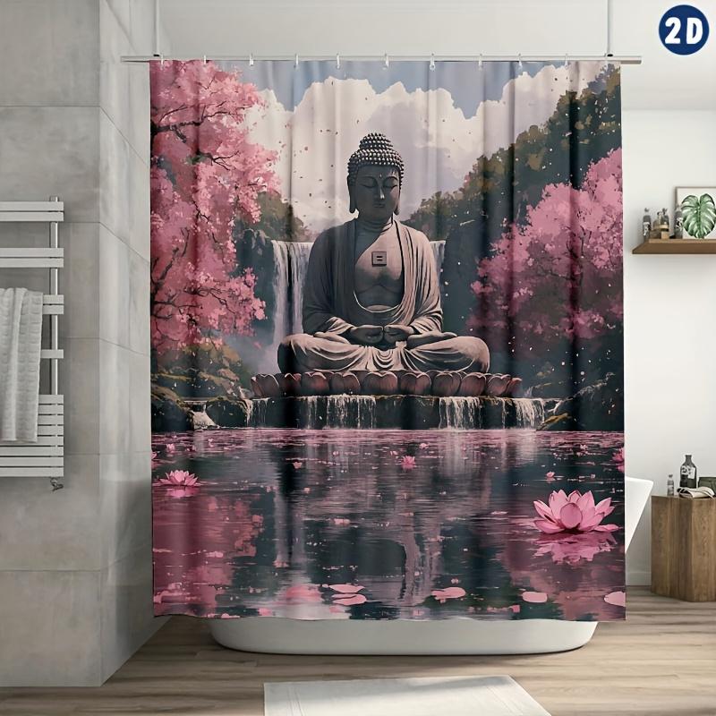 Serene Buddha in Lotus Position Shower Curtain - Pink Sakura & Waterfall Design, Durable Polyester,Ideal for Bath & Window Decor