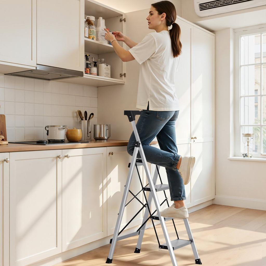 4 Step Ladder, Folding Step Stool with Wide Anti-Slip Pedal and Comfort Handgrip, 150 kg Capacity Portable Aluminum Stepladder, Multi-Use for Kitchen,