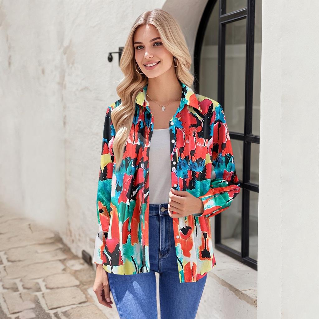 Women's Button Down Prints Shirt Long Sleeve Shirt Business Work Tops Casual With Pockets Jacket
