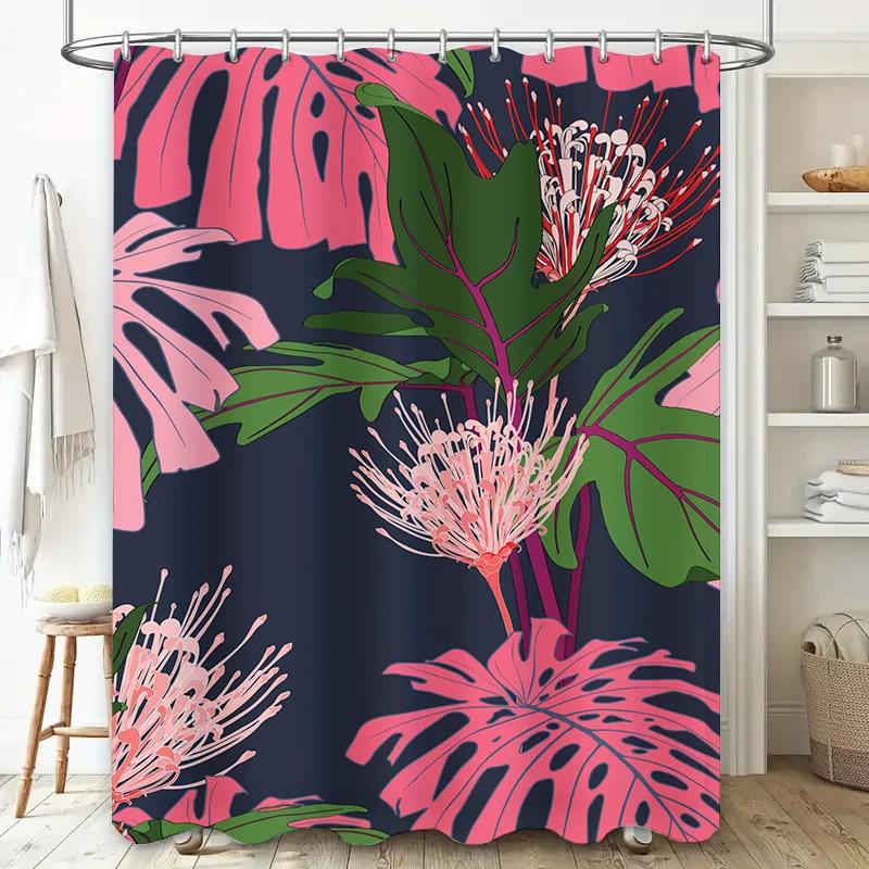Colorful Tropical Leaf Shower Curtain Modern Stylish Floral Print Bath Decor for Home Decoration Pink Green Black Water Repellen