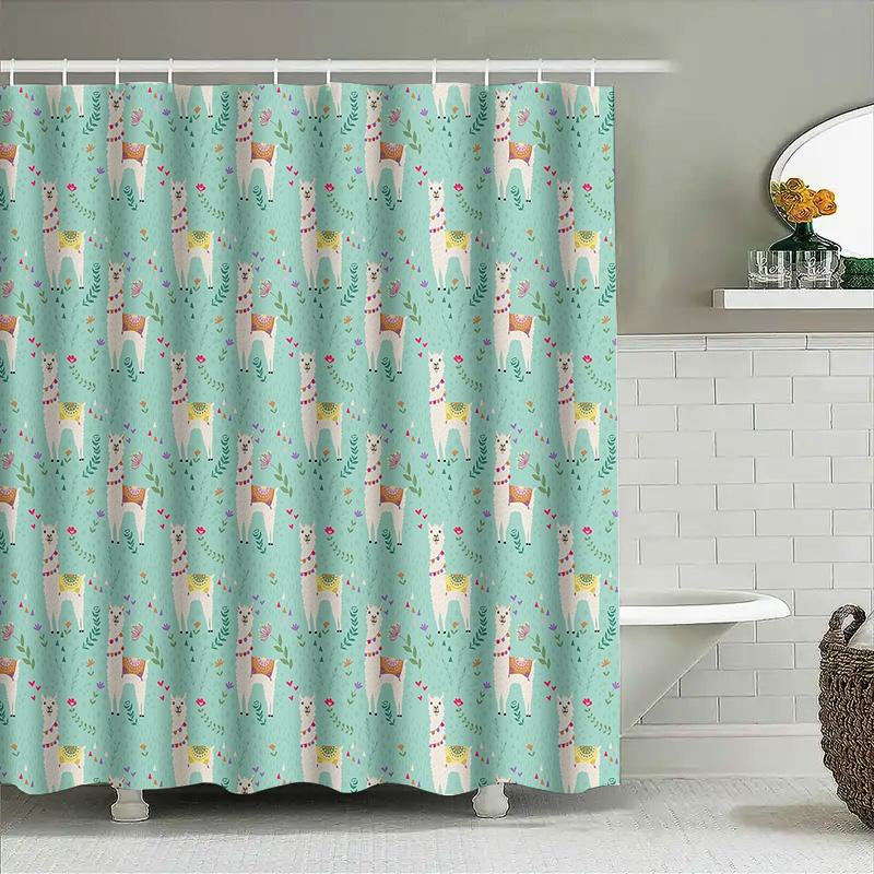Urocze Zestawy Zasłon Prysznicowych z Lamą Wystrój Łazienki w Stylu Wiejskim Tropikalny Wzór Zwierząt z Deszczowego Lasu Tkanina Tło Wodoodporny Nowoczesny