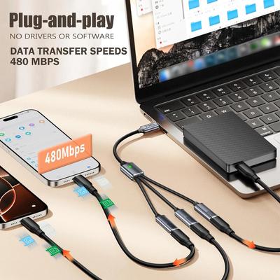 Multi Ports USB Type C Splitter Cable 480Mbps High-speed Charging Data Transfer Wire Nylon Cord for Mac IPhone Tablet Laptop PC