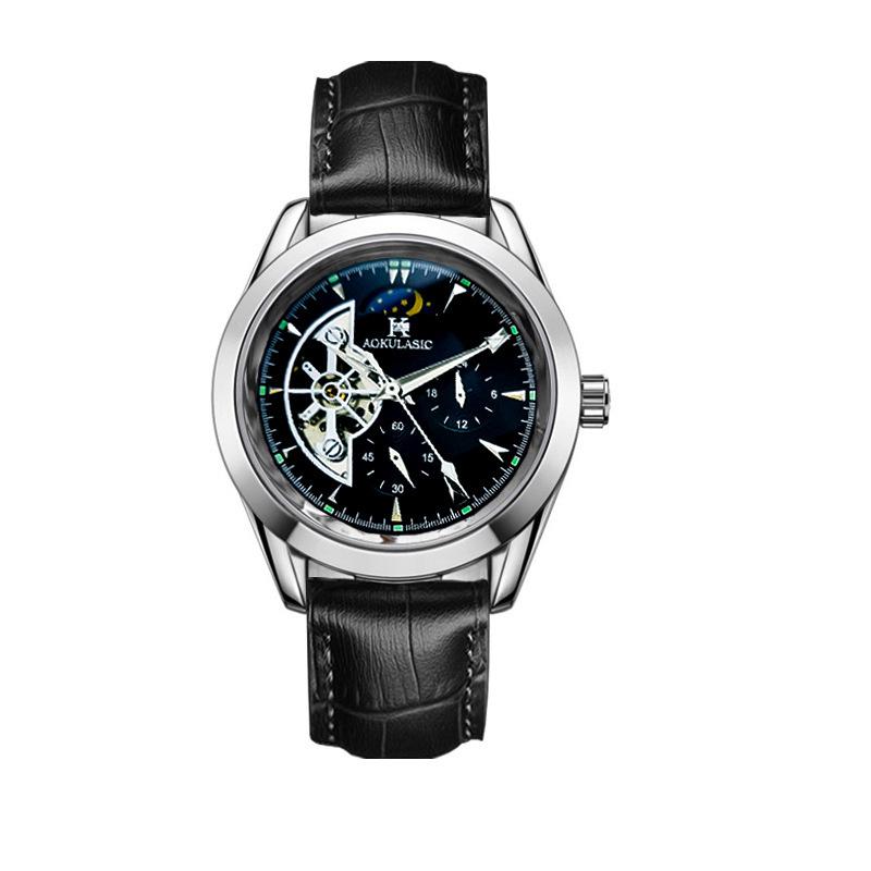 Men's High-End Hollow Flywheel Mechanical Watch - Automatic, Waterproof, Luminous, Moon Phase, Multifunction.