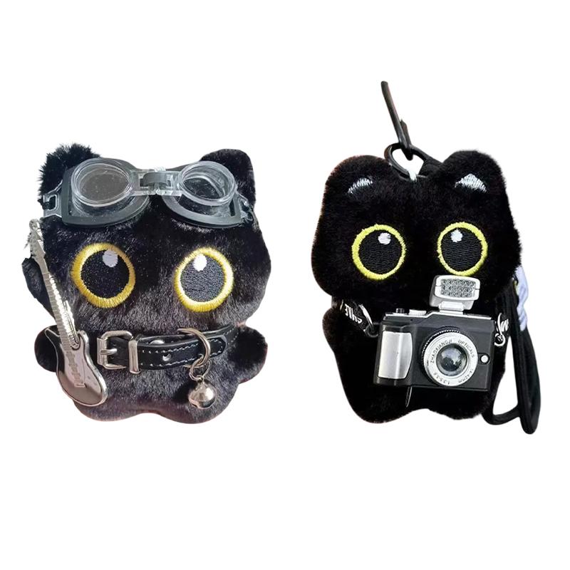 Cute Cartoon Black Cat Keychain Bag Pendant Backpack Hanging Ornaments Lovely Cat Doll With Camera Animal Car Keyring Kids Gift